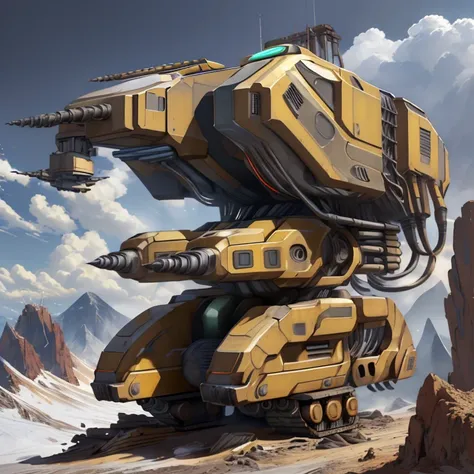 Futuristic drill rig, bright yellow, detailed, realistic, able to fly like a drone, large drill attachment, rod holder, on a mountain side, drilling and blasting a new road.