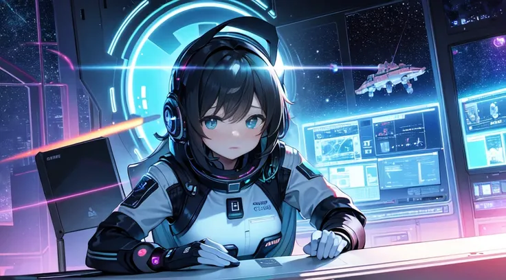 ​masterpiece:1.4, Futuristic science fiction,Looking out the window of the space station、Beautiful Galaxy:1.2, science fiction on night background,SF control room:1.1, Neon and energetic atmosphere:1.2)) ,((Galaxy))