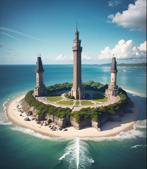 diabolical,(((best quality))),photo of an island, distant photo, appear horizon, huge sea, giant circular tower on the island, black tower tenebroza, fantasy, island, landscape, sea, beach distant image , dark and desolate environment