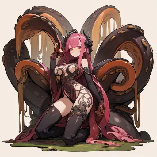 Tentacle demon tree, tentacle tree, plant tentacle, binding, devouring goddess, magic, tentacle trunk inlaid with a beautiful woman, inlaid with a woman kneeling in the tentacle tree fused with the demon tree, covered with tentacles, fine details. Anime. T...