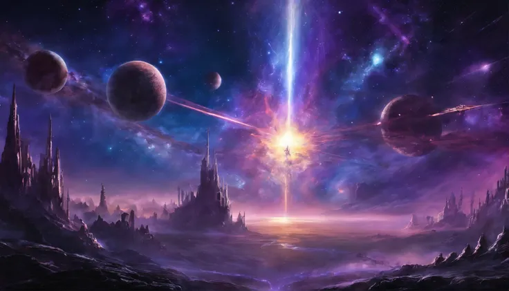 stars, space, nebula, open space, galaxy, blue and purple tones, space opera, greatness, eternity, calm, hyperrealism, spaceships. space battle, explosions, fighter, bombers, lasers, battleships, fire, space fleet, epic battle