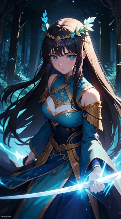 1girl, long brunette hair, big blue eyes, looking at viewer, sword, wielding a sword, intricate ancient dress, thighs, leaf crown, forest, trees, (night), blue flames, glowing magic effects, masterpiece, 8K, high contrast, perfect lighting, perfect clothes...