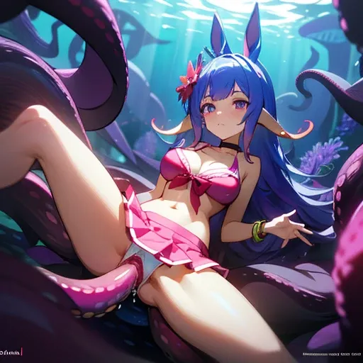 tmasterpiece, The highest quality, hyper HD, Top resolution, highly  detailed、Special Week (umamusume)、Mihono Bourbon (umamusume), White and pink bikini, bikini skirt, choker necklace, jewely, Flowers with glowing blue hair, hibiscus、semi long hair、ahoge、h...