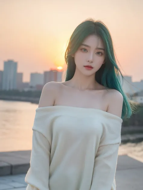 Best quality, tmasterpiece, 超高分辨率, (actual: 1.4), RAW photos, 1 sister, Green-eyed, Off-the-shoulder style, 电影灯光, Blue hair, At sunset