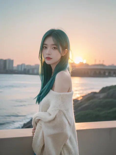 Best quality at best, tmasterpiece, 超高分辨率, (actual: 1.4), RAW photogr, 1 Sister, Green-eyed, Off-the-shoulder style, 电影灯光, Blue hair, At sunset