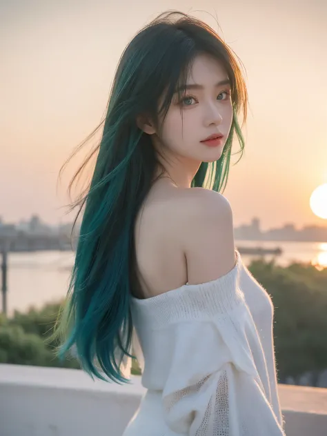 Best quality at best, tmasterpiece, 超高分辨率, (actual: 1.4), RAW photogr, 1 Sister, Green-eyed, Off-the-shoulder style, 电影灯光, Blue hair, At sunset