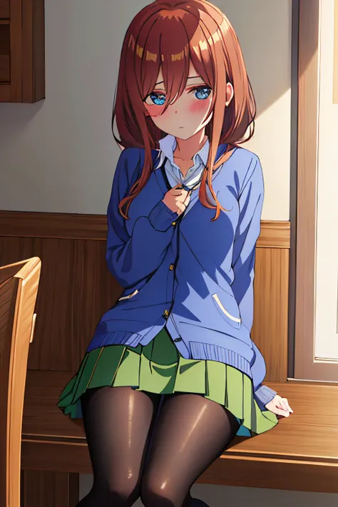 masutepiece, Best Quality, (Very detailed CG Unity 8K wallpaper) (Best Quality), (Best Illustration), (Best Shadows), Miku Nakano, Brown hair, Blue eyes, classroom, Beautiful detailed eyes, looking at viewer,((Blue Cardigan)),((very short green pleated min...