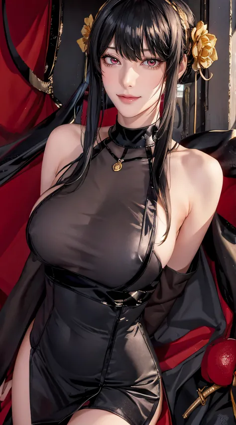 （（（Heather Rose Tartare, through bangs, side locks, shairband, Red pupils, shairband, black hair color hair,Lop, bshoulder,  鎖骨, black long dress，Hang the pendant near your neck，S-shaped body:1.7））），((tmasterpiece)),A high resolution, ((Best quality at bes...