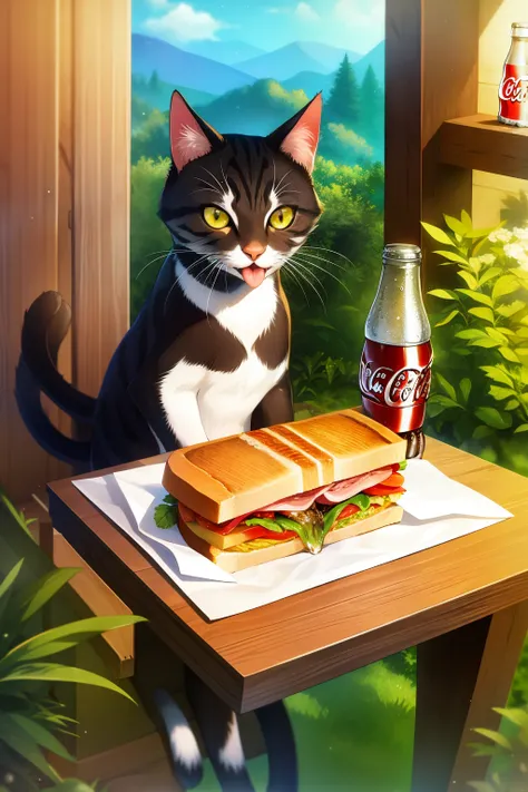 1 cat eating a natural sandwich with a coca-cola