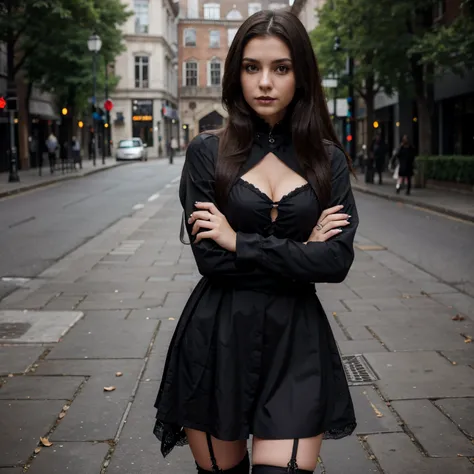 beautiful brunette girl wearing goth outfit looking cute posing