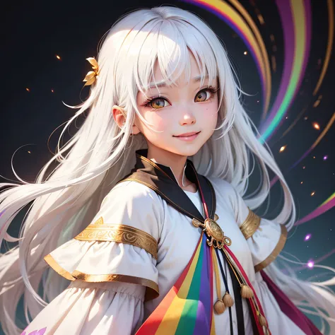 Best Quality, White hair, Gold eyes, rainbow clothes, Looking Up, Upper body, Strands of hair, Fair skin, Smiling, asian human,