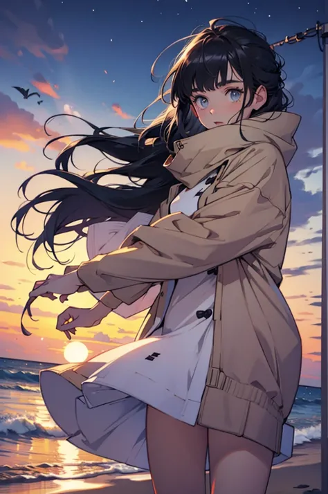 Beautiful young girl in oversized winter clothes and hair floating on the beach at night,