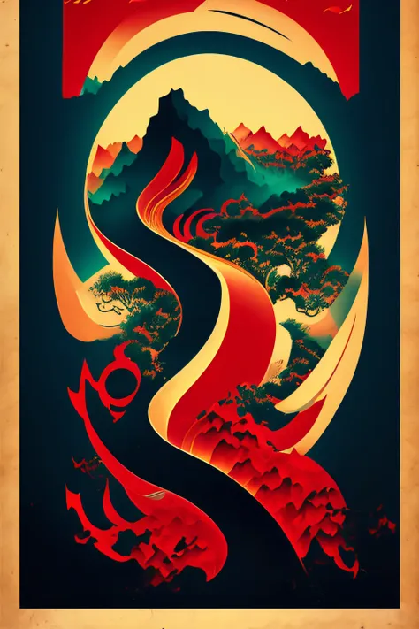 poster for，chineseidol，Mountain and sea charts，red colour，Ink wind，grand