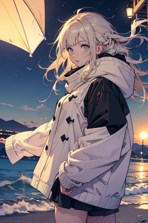 beautiful young girl in oversized winter clothes and hair floating on the beach at night,