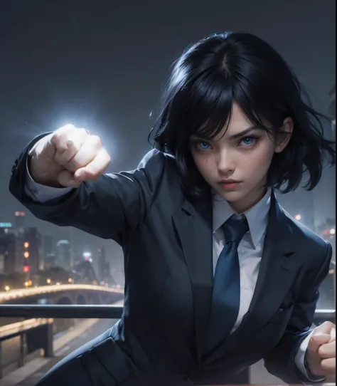 Beautiful woman in a fighting pose and looking at the camera. Both fists are surrounded by a translucent bluish-white light. He is wearing a black business suit. Black hair. Beautiful double eyes. The bridge of my nose. The location is a city at night. A m...