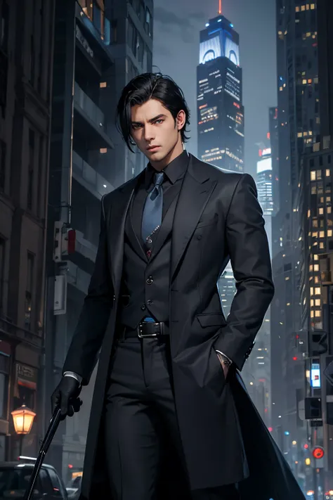 Male,killer,gunner,black hair,short hair,dark blue eye,grey shirt,dark blue necktie,black short shoulder coat,black gloves,night time,on a tall building