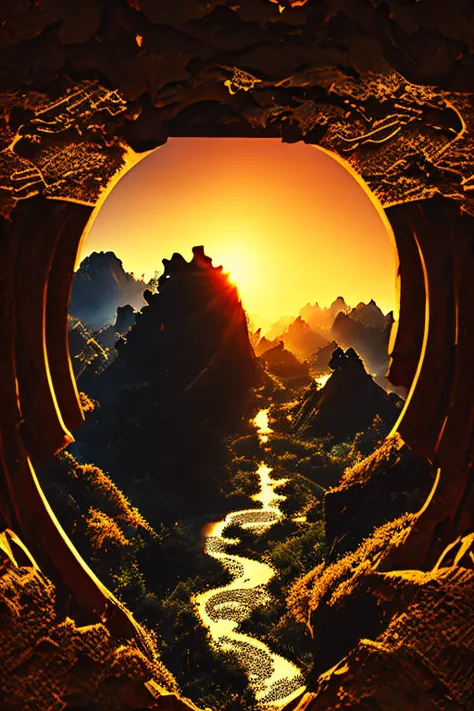 Chinese style，Long March to Climb Majestic Mountains，Spiritual，high definition resolution，Realisticstyle，grittiness，sunrise and sunshine，Historical traces