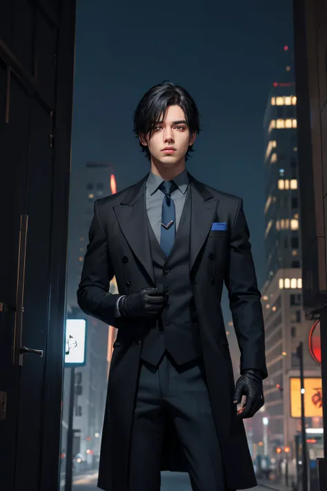 Male,killer,gunner,black hair,short hair,dark blue eye,grey shirt,dark blue necktie,black shoulder coat,black gloves,night time,on a tall building