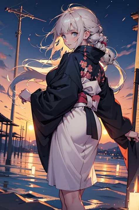 Beautiful young girl in oversized winter clothes and hair floating on the beach at night,kimono