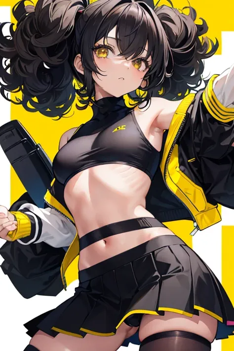 Black girl, with dark hair and lush curls, with a small yellow bandage on her hair, Hair covers one eye, with brown eyes, short tennis yellow skirt, black stockings, Black and yellow sneakers, black turtleneck without belly, with striped sleeves, tearing h...