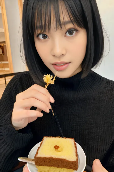 (masutepiece:1.3), (8K, Photorealistic, Raw photo, Best Quality: 1.4), (Malay girls), Beautiful face, (Realistic face), (Black hair, Short hair:1.3), woman eating cake at cafe、Beautiful hairstyle, Realistic eyes, Beautiful detailed eyes, (Realistic skin), ...