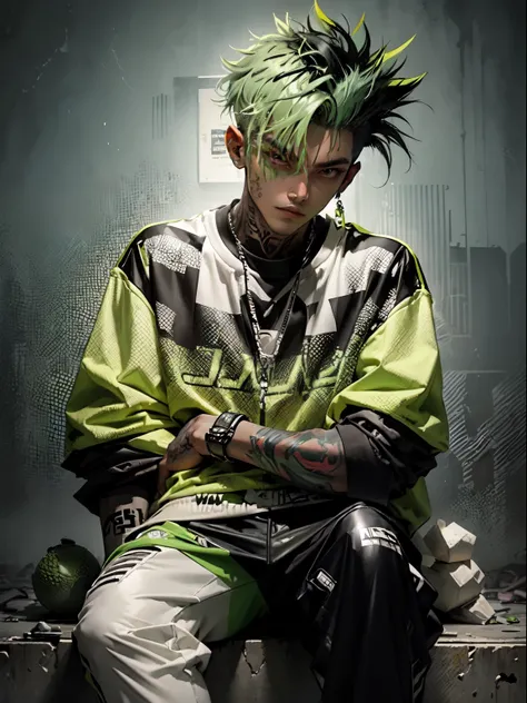 Kpop young age boy with fade cut dark lime green hair with with (frosted white tips top hair), smile, smirk, rizz, cute face, irresistible, sit pose, poser, serious face, full half body show, tattoos, wears cool black mixed green open jacket with long big ...