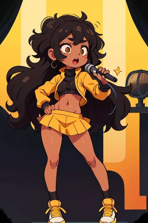 Black Girl, with dark hair and lush curls,  Hair covers one eye, Brown eyes, short tennis yellow skirt, black stockings, black and yellow sneakers, black turtleneck without belly, with striped sleeves, girl singing into a microphone on stage