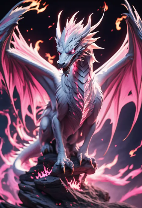 white dragons .chamas na cor rosa emanando de sua boca.foco corpo inteiro abre as asas,voador