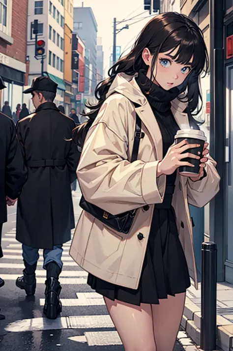 beautiful girl wearing oversized winter clothes and drinking coffee、in the street、looking-down