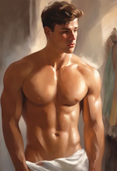 sketch, 20 yo male figure study, young muscle-bound jock, standing, full stocky body, completely naked, totally , , sans clothing, au natural, covering crotch with a white towel, bare butt, crowded gym shower with spraying showers and showering men in back...