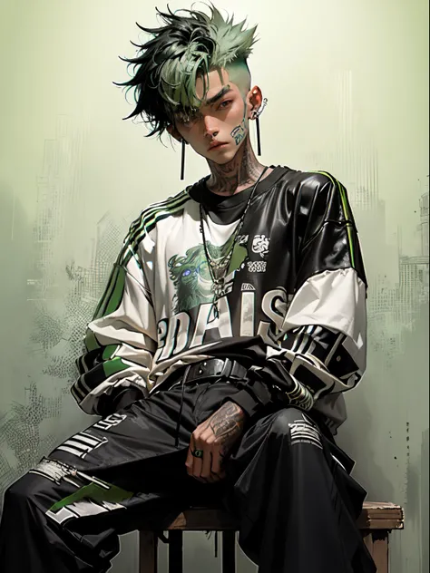 Kpop young age boy with fade cut dark lime green hair with with (frosted white tips top hair), cute face, irresistible, sit pose, poser, serious face, full half body show, tattoos, wears cool black mixed green open jacket with long big sized shirt, long bl...