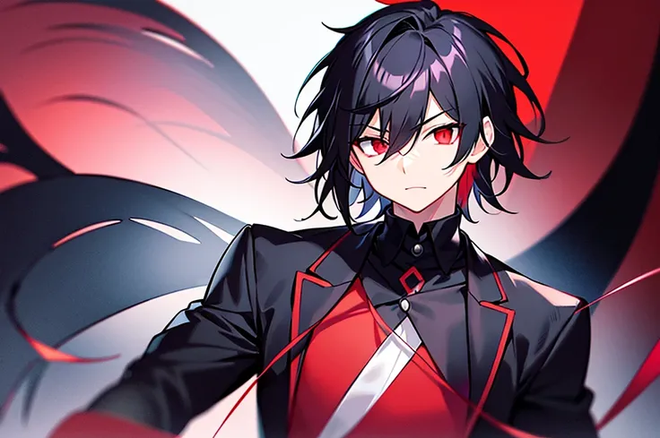 hight resolution,close range、Anime boy with black hair and red eyes staring at camera, Glowing red eyes,slim, dressed in a black outfit,Shadow Body,colorful backdrop,hair messy,yameroyandere, Diagonal angle