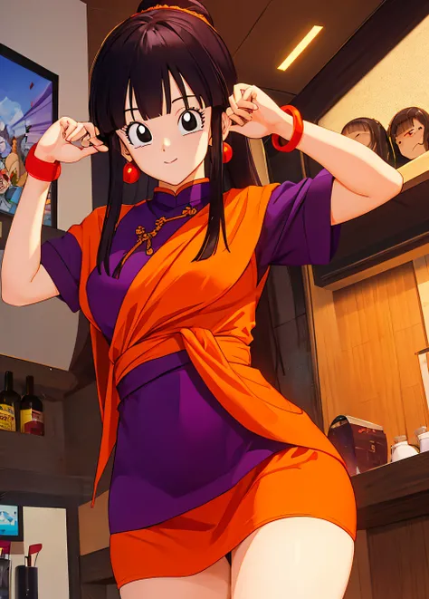 masterpiece, best quality, highest quality, perfect anatomy, perfect face, perfect eyes,
1girl, dbzch1ch1, sidelocks, bangs, single hair bun, hair bun, (black eyes), orange pashmina wrap, red sphere earrings , red wristbands, purple cheongsam, sexy  pose, ...