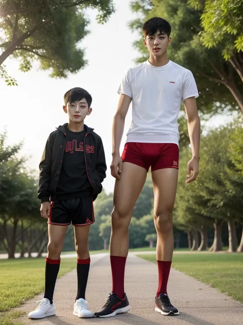 16 years old teenagers , very young , light-skin , wearing an dark red sexy underwear, tmasterpiece，k hd，the feet，Transparent sports vest，semi transparent，black long socks，The barefoot , red colour , handsome and cute , extreme cute boy , white skin , dark...