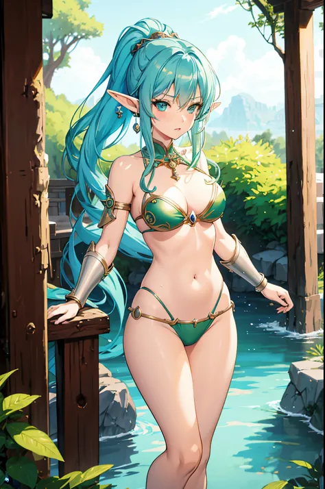 anime girl with blue hair and green bikini standing on a bridge, elf girl, alluring elf princess knight, an elf queen, elf princess, bikini armor, elf queen, bikini-armor, knights of zodiac girl, ornate bikini armor, elf princess knight, female elf, commis...