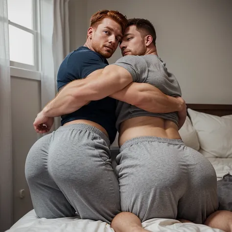 Two men, redhead, muscular, intimate, gay, snuggling, cuddling, big ass, bubble butts, fat man ass, grey sweatpants