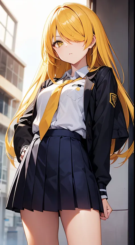 Ruthless eyes, long hair, hair over one eye, short cut, yellow hair color, yellow eyes, school uniform, arms crossed