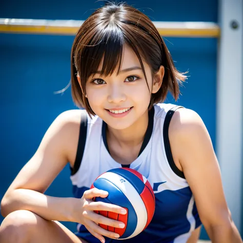 Best-quality, Masterpiece, Ultra-High-Resolution, (Photorealistic:1.4), Raw-Photo, Extremely-Details, Perfect-Anatomy, 1girl, 12-years-old, most popular Japanese idol, wearing stylish designed sleeveless volleyball uniforms shirt, innocent smile, extremely...