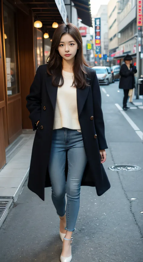 Very realistic Korean girl with pale skin beautiful face outside cafe wearing skinny jeans and coat in Gangnam, Korea