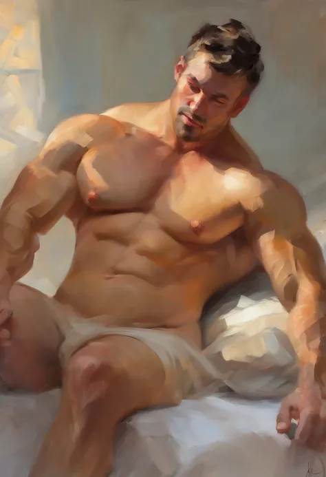 sketch, male figure study, naked greek muscle-bound bodybuilder jock with huge penis, lying in bed fully naked with his ass showing, detailed facial features, full stocky body, completely naked, totally, sans clothing, au natural, bare butt, pastels, by ha...