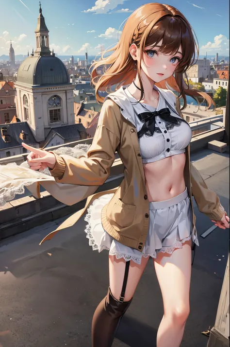 short length bangs, tmasterpiece, Best quality at best, A high resolution, 1个Giant Breast Girl, ,Lopfe art style，view the viewer,(ssmile:0.6),,Lace bra,Cardigan,Fenced building roof,ventania,