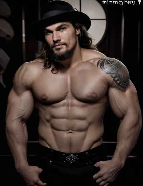 trimmed man with hat and tattoos posing for a photo, strong masculine features, jason momoa, forte e imponente, muito lindo. large muscles, Jereme Momoa como Tarzan, masculino e forte, Desfiado, Greg Rutkowski de corpo inteiro, absurdly massive physique, J...