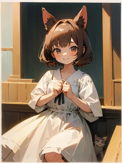 high-level image quality、Little Girl、10yaers old、Brown Shorthair、White Dress、cute little、(Cats ears)、smil、