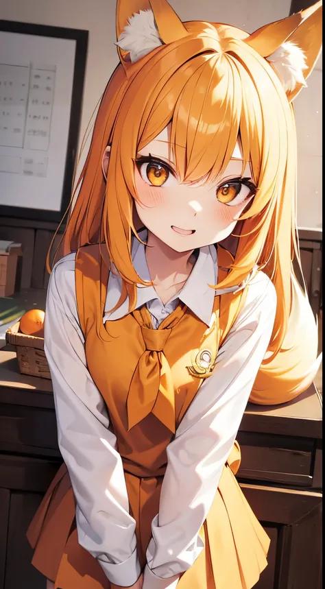 Yellow hair, middle hair, sharp expression, fox ears, school uniform, red hair ornament, orange eyes