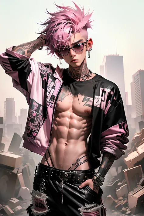 Kpop young age boy with fade cut dark pink hair with white earring on his right ear(frosted white shades of which are paled tips top hair), shirtless, sweet, purple eyes, cute face, irresistible,  poser, serious face, full half body show, tattoos, shirtles...