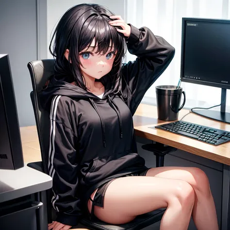 A teenage girl with a black hoodie and black shorts sitting at her desk using her computer