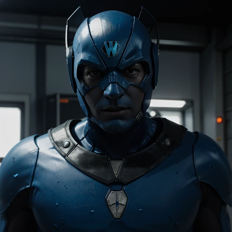 Blue Beetle DC Studios, 3D Render movie, photo real cinematic lighting