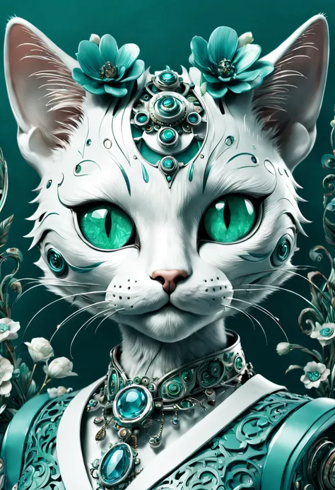 Mechanical cats，フォトリアリスティック，anthropomorphic cat，Role setting，Contemptuous expression。Ultra-detailed graphics，delicated face，8K，MagazineCover，Floral background decoration，intense color contrast，deep colour，Blue-green-white tones