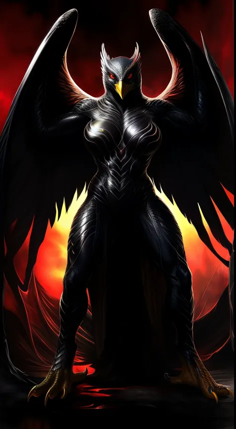 (Best Quality,Ultra-detailed,Realistic:1.37)、anthology、 ferocious eagle、 Solo, Womans, Atrocious、cruel、offensive、Evil face、sharp beak、sharp claws、Detailed red eyes, Standing,large wings、alien symbiote,feathered body、 Horror movie lighting、(Full body:1.8)