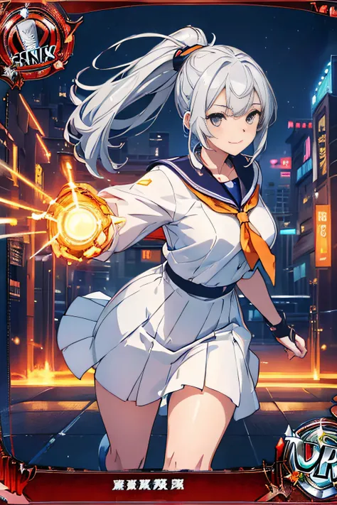 (Trading Card Game Frames:1.7),Cybernetic arm and glowing cyber girl,(J Womens Uniform,a sailor suit,White skirt,),Intense body movements,Add a motion blur effect to simulate motion,Stand on the streets of a desolate battlefield.Surrounded by a network of ...